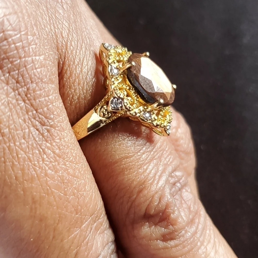 Natural Chocolate Sapphire Zircon Kite shaped Ring in Gold Vermeil - Picture 4 of 8